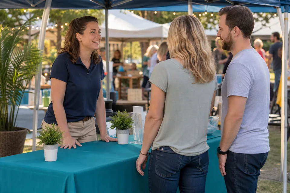 Credit union staff member talking with visitors at a festival sponsor booth