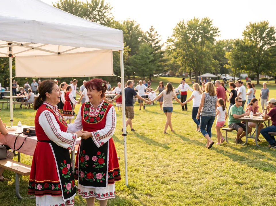 Bulgarian American heritage festival with women in embroidered folk dress next to a sponsor tent
