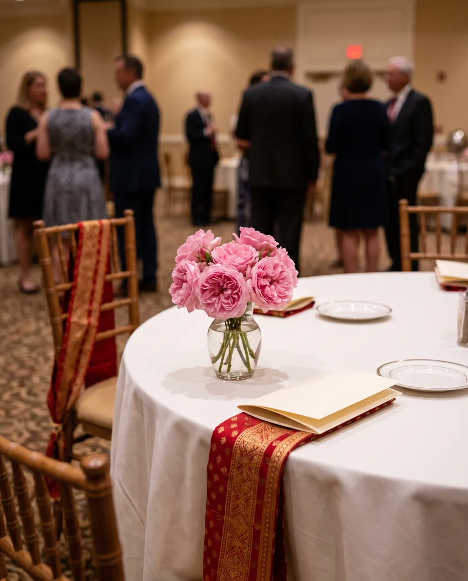Banquet table set for a pageant gala with roses, a printed program and a red and gold sash on a chair