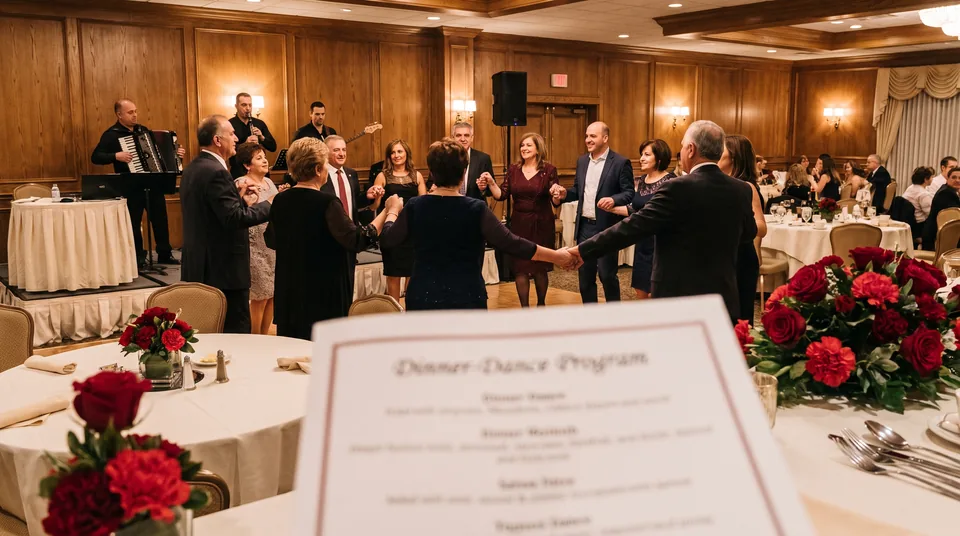 Macedonian American dinner dance with a line of adult dancers in an oro circle in a banquet hall