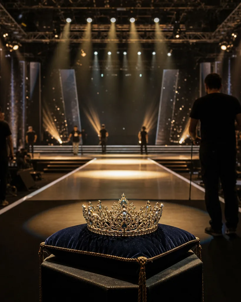 Pageant stage during rehearsal with a tiara on a velvet cushion in the foreground