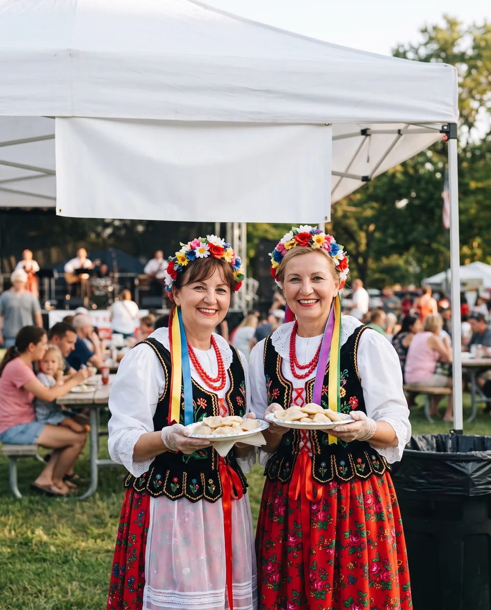 Polish American festival with adult women in Krakow folk costume and flower wreaths near a sponsor tent